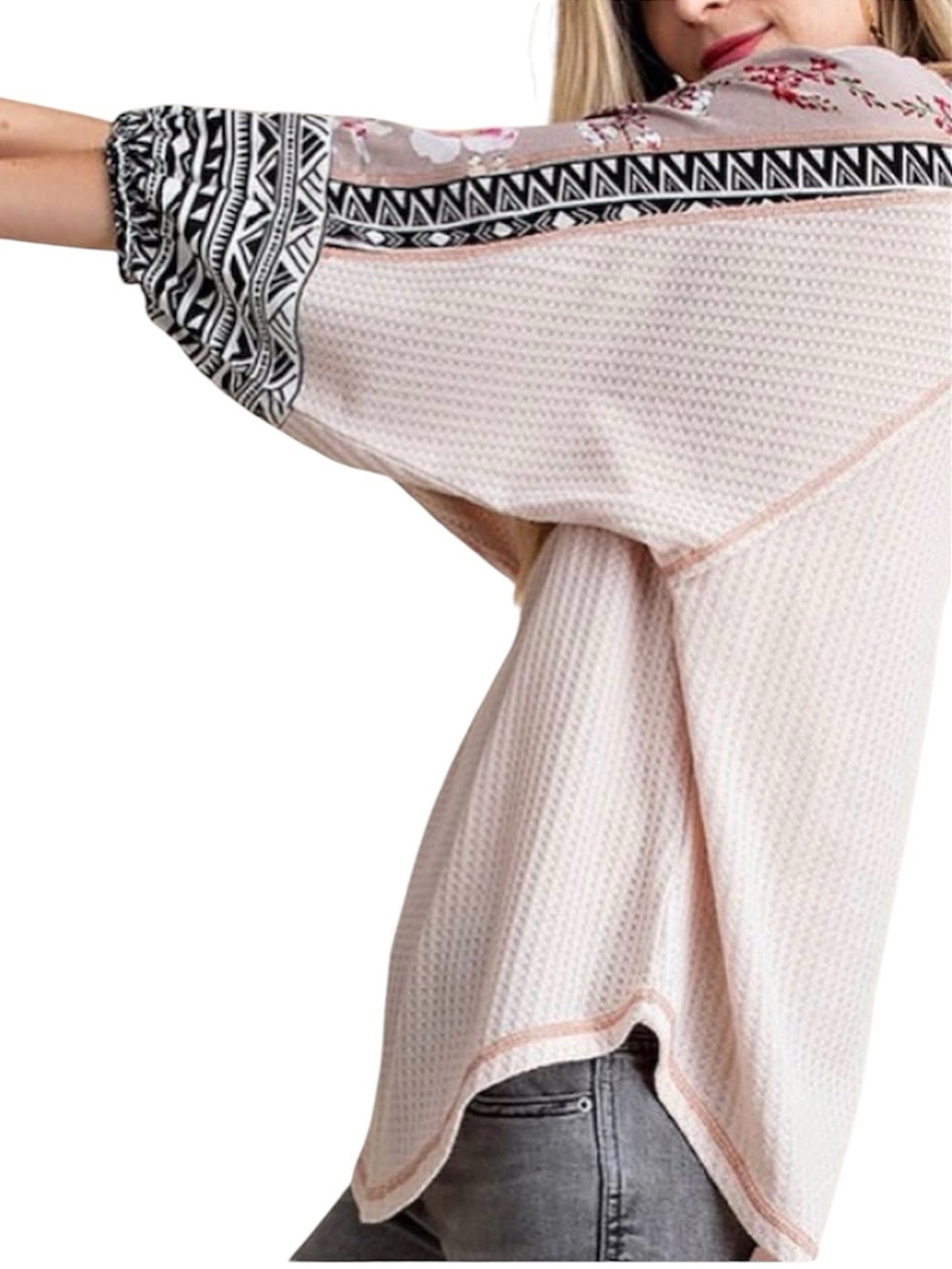 Kori Thermal Waffle Knit Mixed Print Tunic Top Blush Pink Size Large - Picture 2 of 8